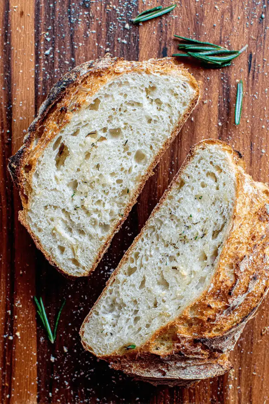 Ultimate Foolproof Parmesan Sourdough Bread 2 Top-down view of two slices of herb-infused Parmesan Sourdough Bread resting on a rustic wooden surface with fresh rosemary sprigs.