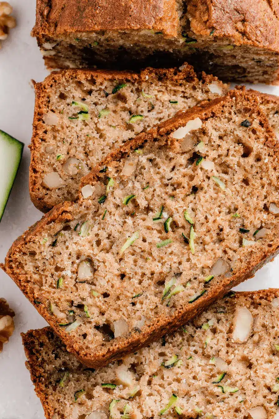 The Ultimate Sourdough Zucchini Bread Recipe 2 Sliced loaf of moist Sourdough Zucchini Bread with visible walnuts and shredded zucchini flecks, photographed from overhead.