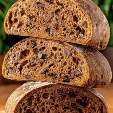 Ultimate Chocolate Sourdough Bread Recipe 3 Vertical stack of three half-slices of rustic Chocolate Sourdough Bread with an open, airy crumb structure.