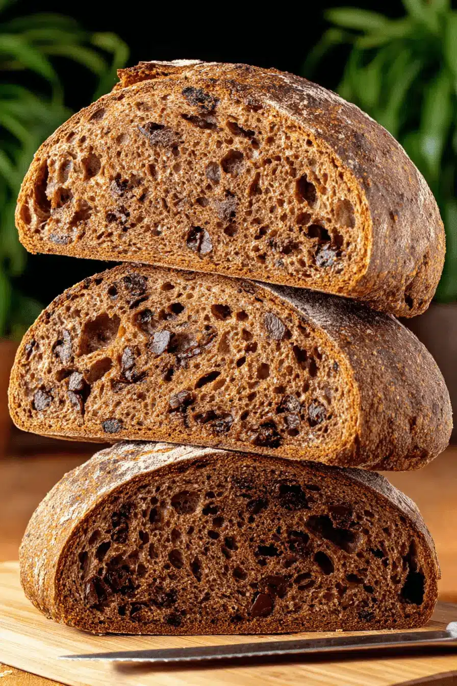 Ultimate Chocolate Sourdough Bread Recipe 2 Vertical stack of three half-slices of rustic Chocolate Sourdough Bread with an open, airy crumb structure.
