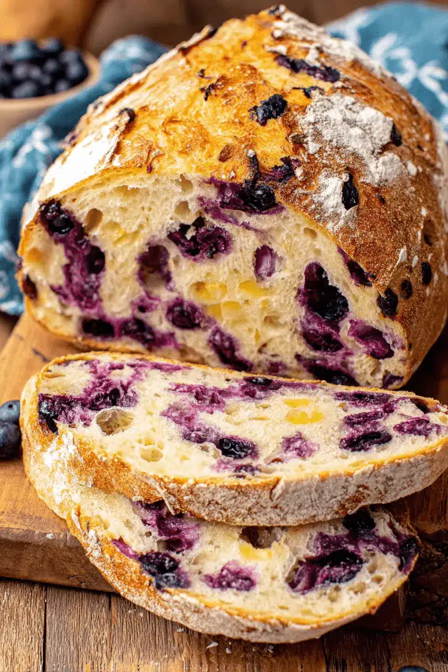 Vibrant Lemon Blueberry Sourdough Bread 2 Slices of freshly baked lemon blueberry sourdough bread on a rustic wooden board, showing the airy crumb and deep purple blueberries.