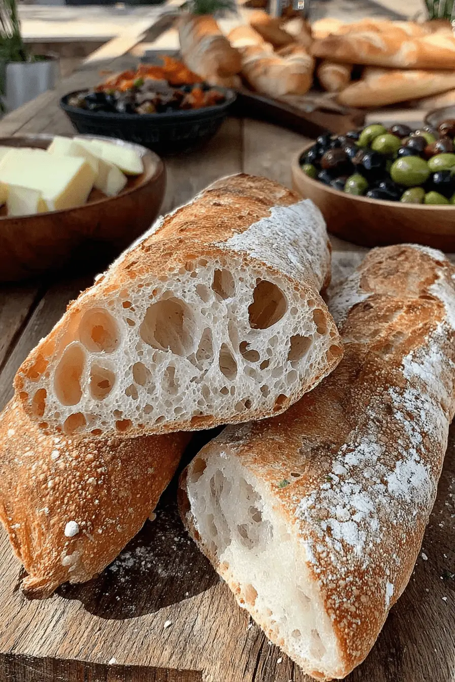 The Ultimate Sourdough Baguette Recipe 2 Close-up of a perfectly baked Sourdough Baguette Recipe, sliced open to reveal its signature airy crumb structure, surrounded by olives and butter.