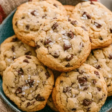 Ultimate Chewy Sourdough Chocolate Chip Cookies 4 Freshly baked, sea-salt sprinkled sourdough chocolate chip cookies piled high in a rustic blue bowl.
