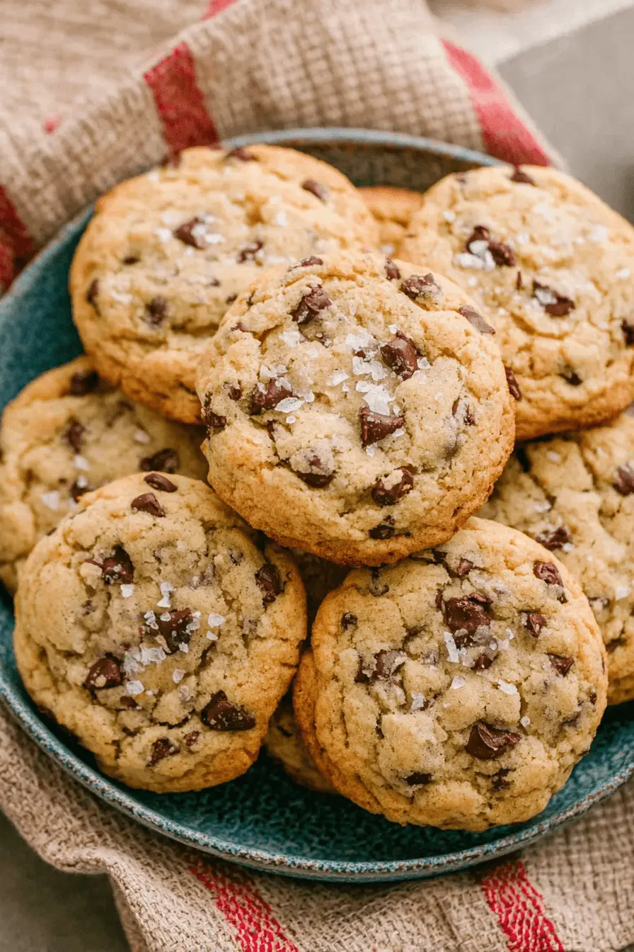 Ultimate Chewy Sourdough Chocolate Chip Cookies 2 Freshly baked, sea-salt sprinkled sourdough chocolate chip cookies piled high in a rustic blue bowl.