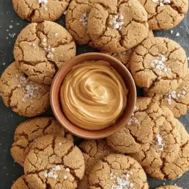 Amazing Sourdough Discard Peanut Butter Cookies 4 Golden-brown Sourdough Discard Peanut Butter Cookies sprinkled with coarse salt flakes, surrounding a bowl of creamy peanut butter.