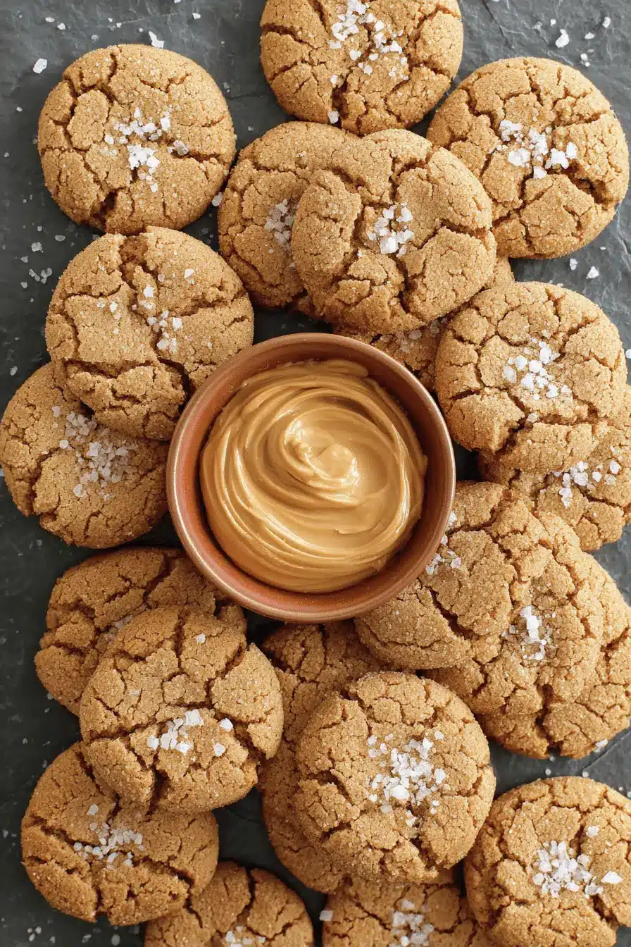 Amazing Sourdough Discard Peanut Butter Cookies 2 Golden-brown Sourdough Discard Peanut Butter Cookies sprinkled with coarse salt flakes, surrounding a bowl of creamy peanut butter.