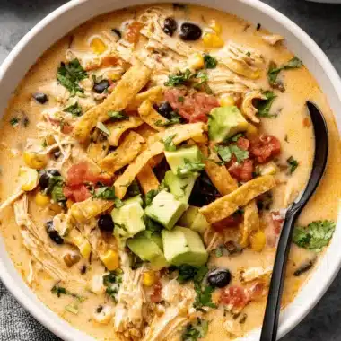 The Ultimate Creamy Chicken Taco Soup 3 Generously portioned bowl of creamy Chicken Taco Soup garnished with fresh avocado cubes and golden tortilla strips.