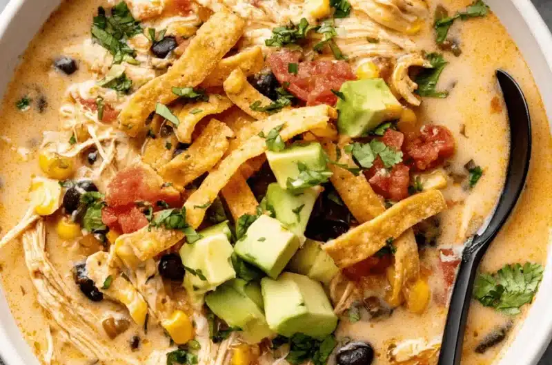 Generously portioned bowl of creamy Chicken Taco Soup garnished with fresh avocado cubes and golden tortilla strips.