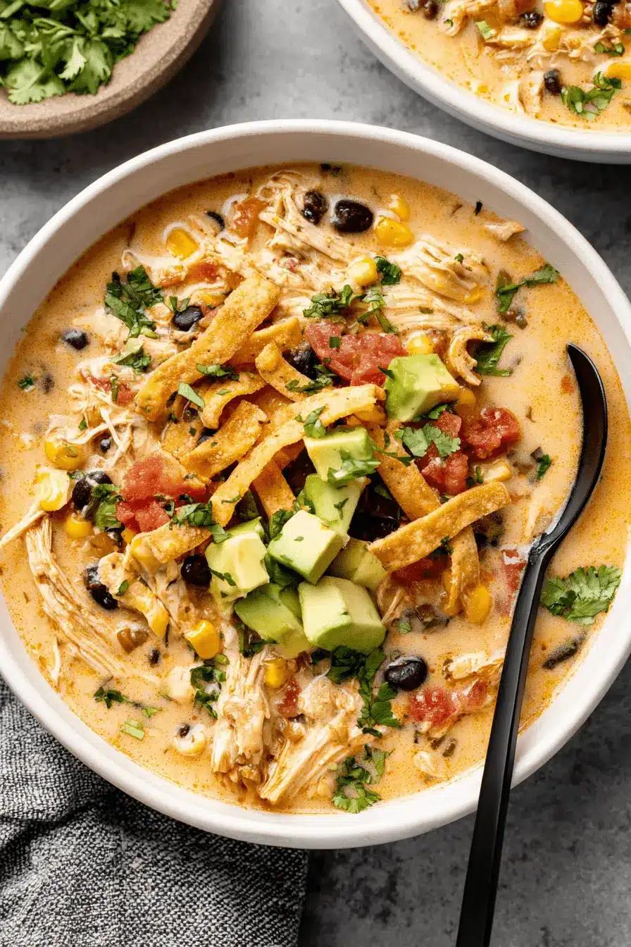 Generously portioned bowl of creamy Chicken Taco Soup garnished with fresh avocado cubes and golden tortilla strips.