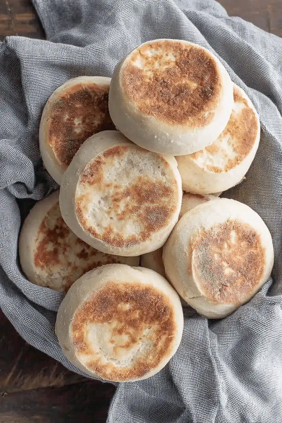Simple Sourdough Discard English Muffins 2 A close-up, top-down view of freshly baked Sourdough Discard English Muffins piled on a gray cloth, highlighting the golden-brown tops and airy texture.