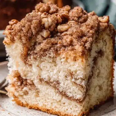 Amazing Sourdough Discard Coffee Cake 3 Slice of moist sourdough discard coffee cake with swirled cinnamon filling and crunchy nut streusel topping on a speckled ceramic plate.