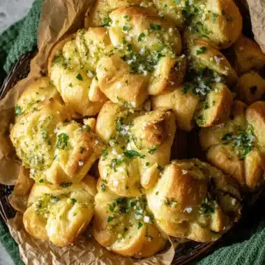 Amazing Foolproof Sourdough Discard Garlic Knots 3 A rustic basket filled with golden-brown, herb-drizzled Sourdough Discard Garlic Knots sprinkled with coarse sea salt.