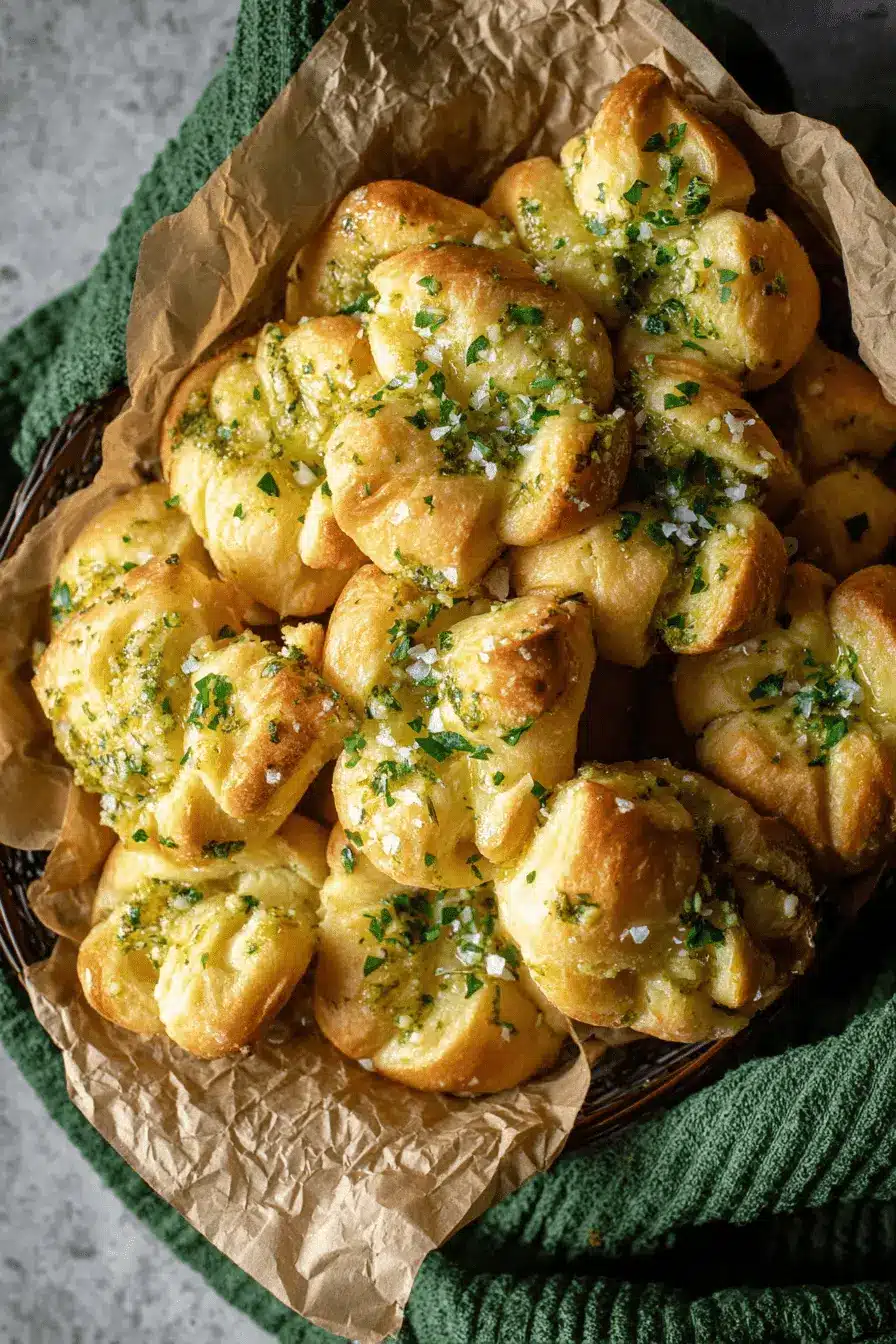 Amazing Foolproof Sourdough Discard Garlic Knots 2 A rustic basket filled with golden-brown, herb-drizzled Sourdough Discard Garlic Knots sprinkled with coarse sea salt.