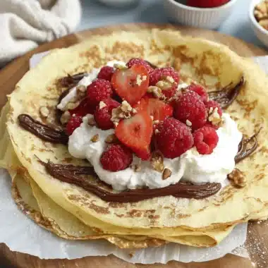 Remarkable Sourdough Discard Crepes: Easy Recipe 3 Stack of golden Sourdough Discard Crepes with whipped cream, raspberries, strawberries, walnuts, and chocolate drizzle.