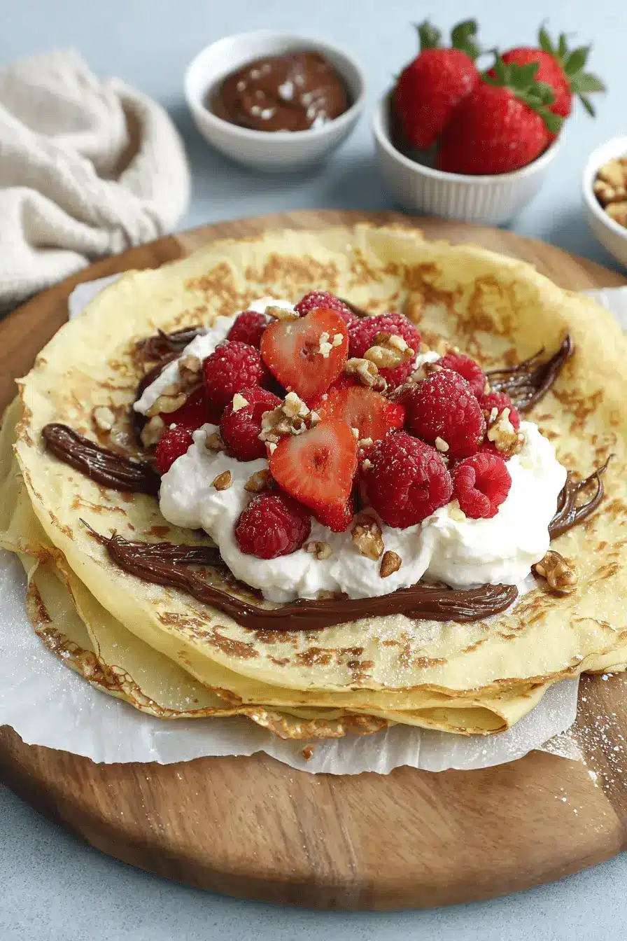 Remarkable Sourdough Discard Crepes: Easy Recipe 2 Stack of golden Sourdough Discard Crepes with whipped cream, raspberries, strawberries, walnuts, and chocolate drizzle.