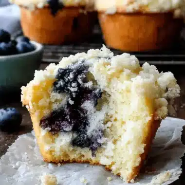Ultimate Sourdough Discard Blueberry Muffins 3 Bitten sourdough discard blueberry muffins with streusel topping showing a moist, blueberry-packed interior on a rustic wooden surface.