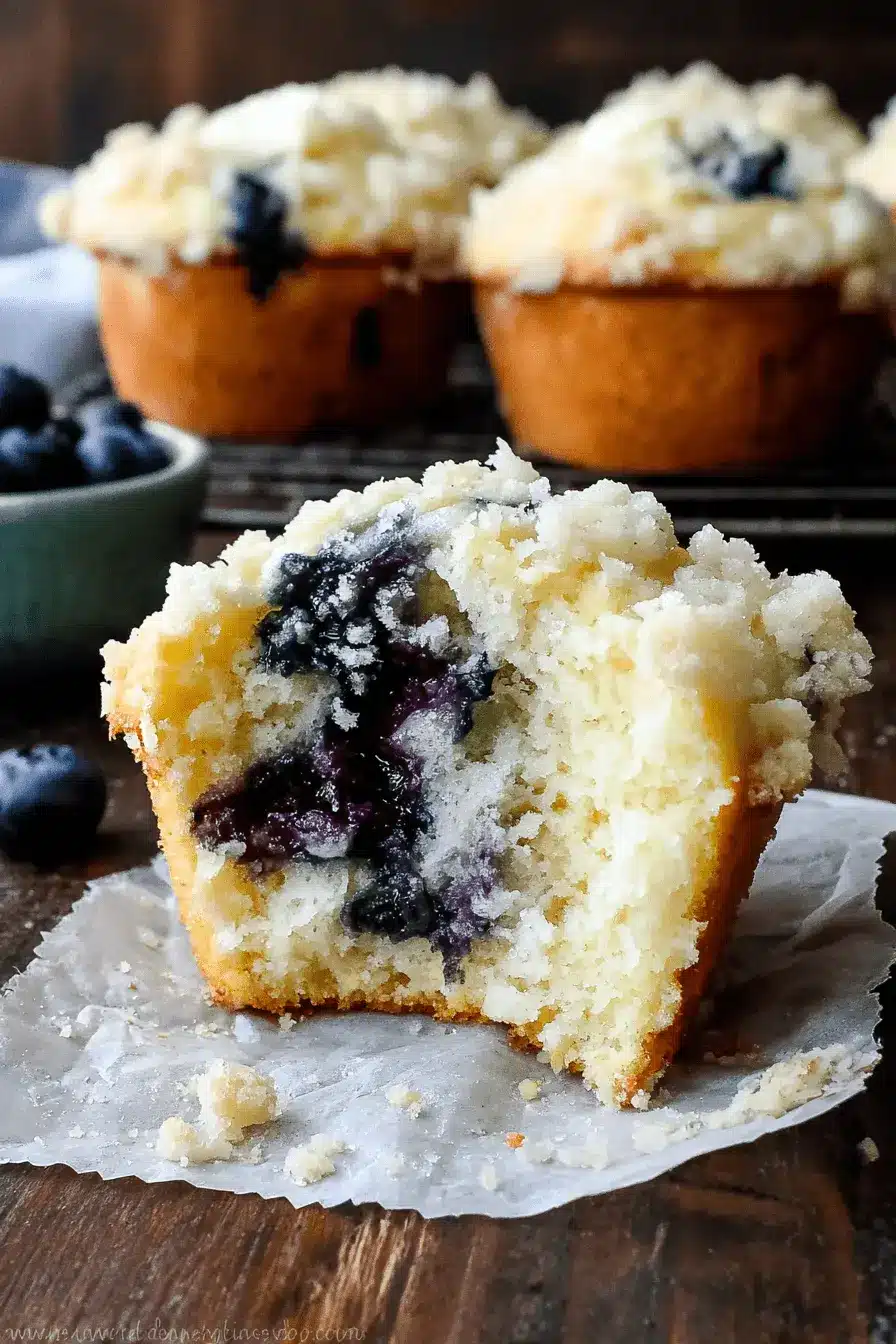 Ultimate Sourdough Discard Blueberry Muffins 2 Bitten sourdough discard blueberry muffins with streusel topping showing a moist, blueberry-packed interior on a rustic wooden surface.