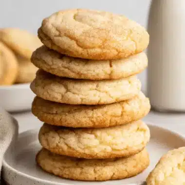 Foolproof Sourdough Discard Sugar Cookies 4 A close-up view of a high stack of cinnamon-dusted Sourdough Discard Sugar Cookies on a light speckled plate next to a glass of milk.