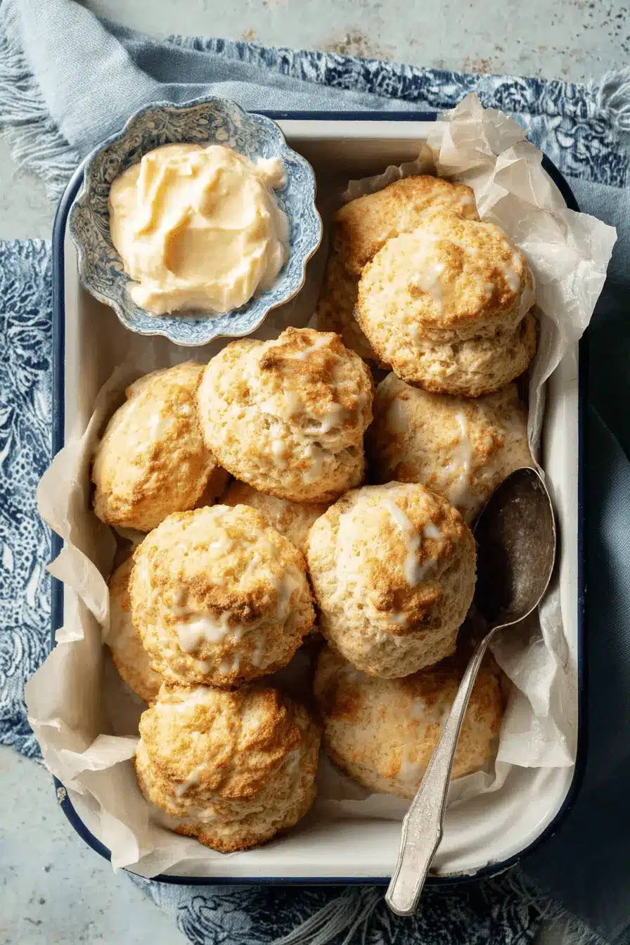 Ultimate Sourdough Discard Scones Recipe 2 Golden Sourdough Discard Scones drizzled with white icing, served with clotted cream in a rustic enamel dish.