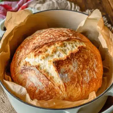 The Ultimate Easy Sourdough Discard Bread 3 Golden-brown artisanal loaf of Sourdough Discard Bread cooling in a light blue cast iron Dutch oven.