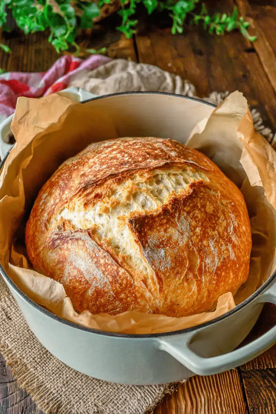 The Ultimate Easy Sourdough Discard Bread 2 Golden-brown artisanal loaf of Sourdough Discard Bread cooling in a light blue cast iron Dutch oven.