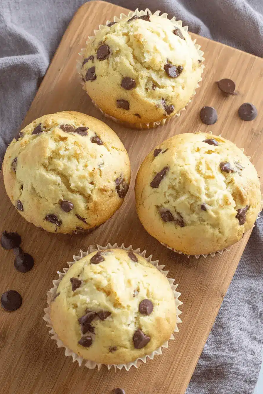 Ultimate Sourdough Discard Chocolate Chip Muffins 2 Top-down view of four golden brown Sourdough Discard Chocolate Chip Muffins on a wooden board with scattered chocolate pieces.