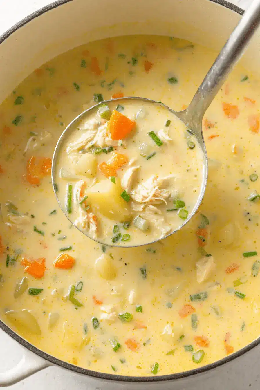 The Ultimate Chicken Potato Soup Recipe 2 Ladle scooping creamy, chunky homemade chicken potato soup with carrots and fresh herbs from a Dutch oven.