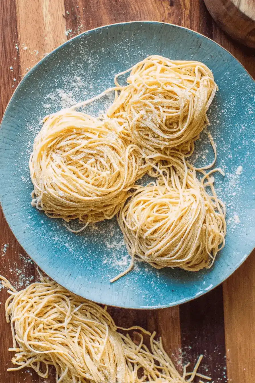 Amazing Sourdough Discard Pasta Made Simple 2 Freshly made Sourdough Discard Pasta spaghetti arranged in three flour-dusted nests on a textured blue ceramic plate.