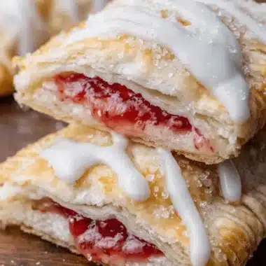 Ultimate Sourdough Pop Tarts: Flaky & Easy! 3 Close-up of two stacked, golden brown strawberry Sourdough Pop Tarts with visible jam filling, white icing, and coarse sugar on a rustic wood board.