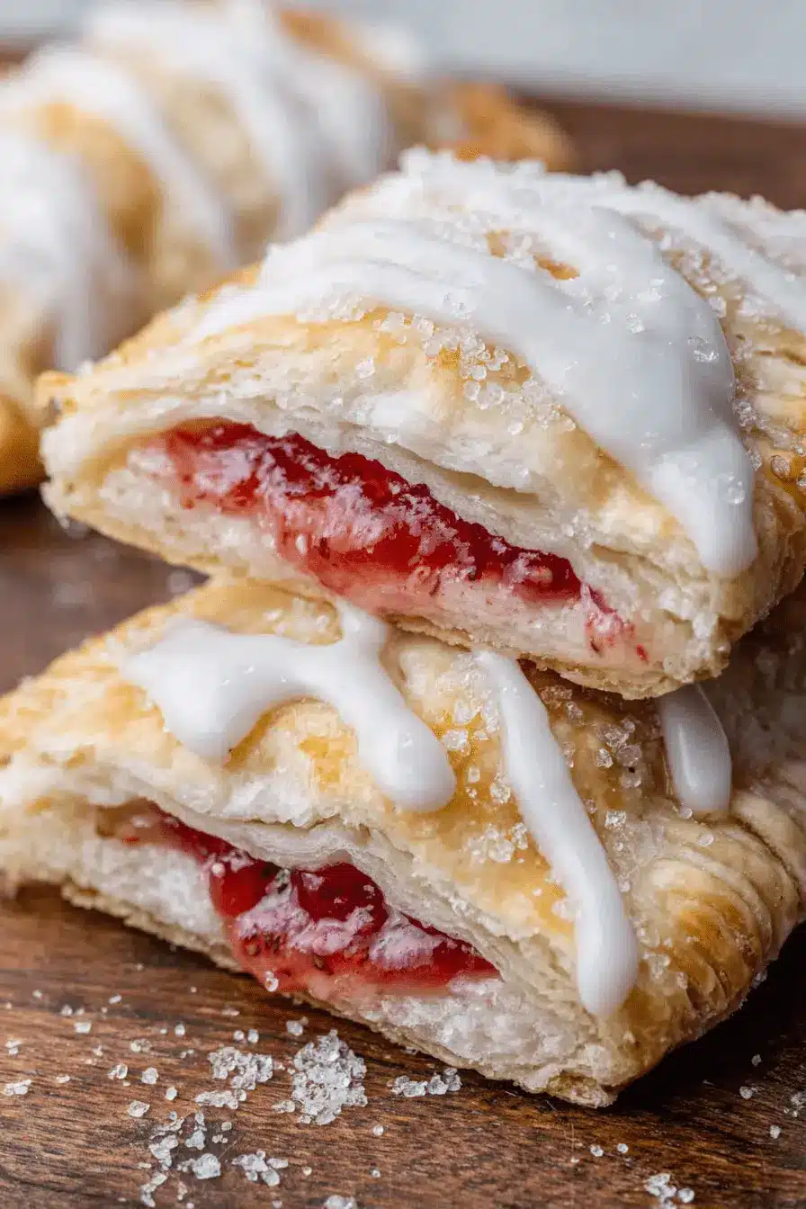 Ultimate Sourdough Pop Tarts: Flaky & Easy! 2 Close-up of two stacked, golden brown strawberry Sourdough Pop Tarts with visible jam filling, white icing, and coarse sugar on a rustic wood board.
