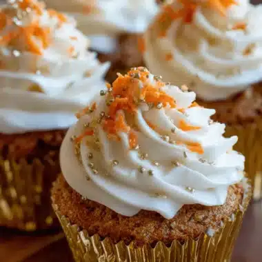 Amazing Sourdough Carrot Cake Muffins: Fluffy & Easy 3 Close-up of beautiful Sourdough Carrot Cake Muffins in gold foil liners, topped with creamy white frosting and festive gold sprinkles.