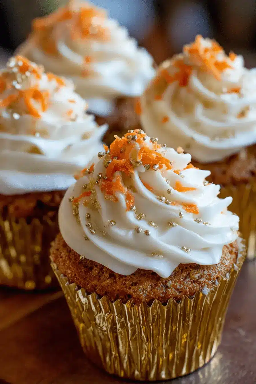 Amazing Sourdough Carrot Cake Muffins: Fluffy & Easy 2 Close-up of beautiful Sourdough Carrot Cake Muffins in gold foil liners, topped with creamy white frosting and festive gold sprinkles.