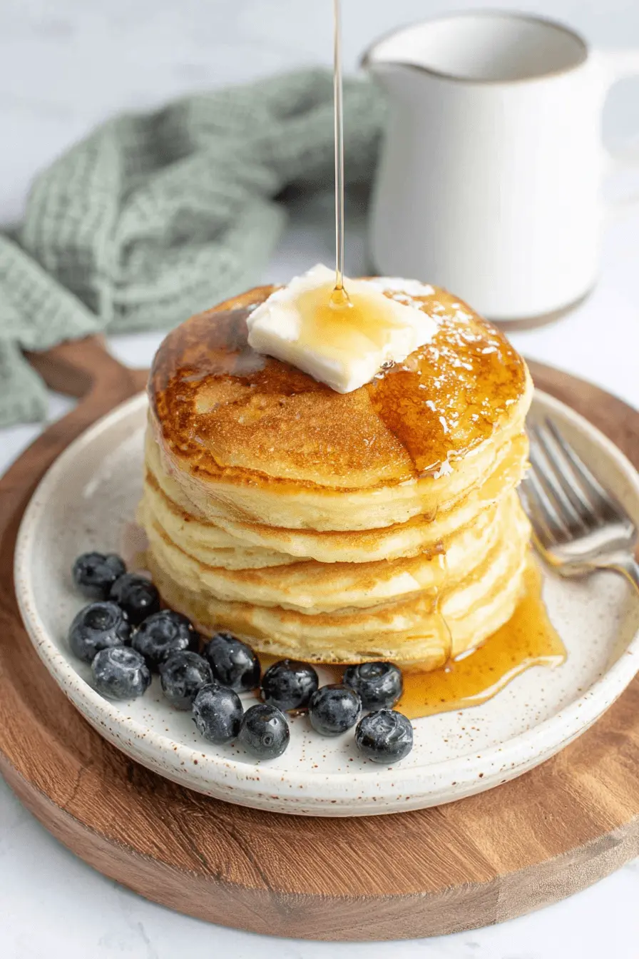Ultimate Sourdough Discard Pancakes 2 Stack of fluffy Sourdough Discard Pancakes drizzled with golden syrup, topped with melting butter and fresh blueberries.
