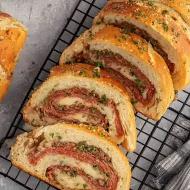 The Ultimate Foolproof Sourdough Stromboli 3 Sliced Sourdough Stromboli loaf on a cooling rack, revealing savory spirals of cured meats and melted cheese.