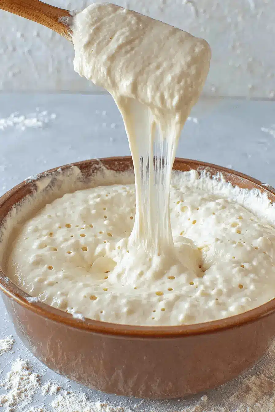 Unlock the Magic: Easy Sourdough Starter Recipe 2 Active, bubbly sourdough starter being lifted by a wooden spoon, illustrating a key step in the Sourdough Starter Recipe process.