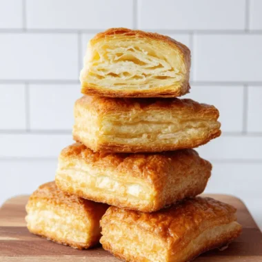 Magic Homemade Sourdough Puff Recipe 4 Stack of golden-brown Homemade Sourdough Puff pastries on a rustic wooden cutting board, with visible flaky layers.