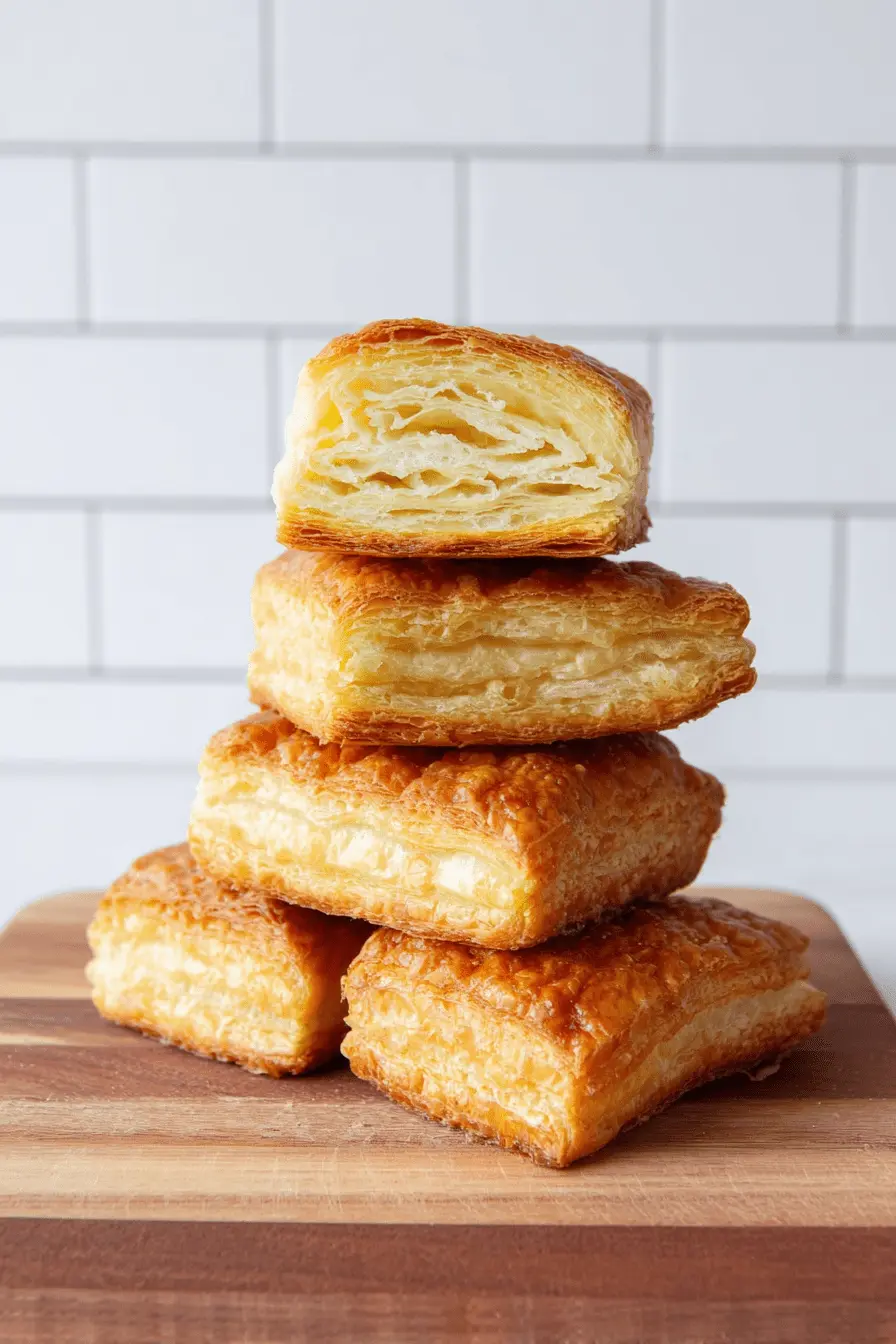 Magic Homemade Sourdough Puff Recipe 2 Stack of golden-brown Homemade Sourdough Puff pastries on a rustic wooden cutting board, with visible flaky layers.