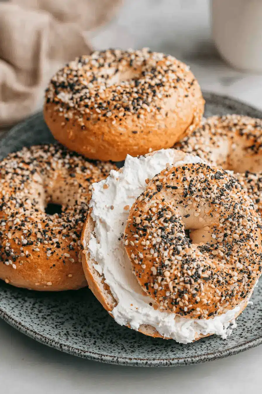 Perfect Sourdough Bagels: Homemade Bliss 2 Close-up of everything Sourdough Bagels on a dark gray plate, one sliced open with a thick spread of cream cheese.
