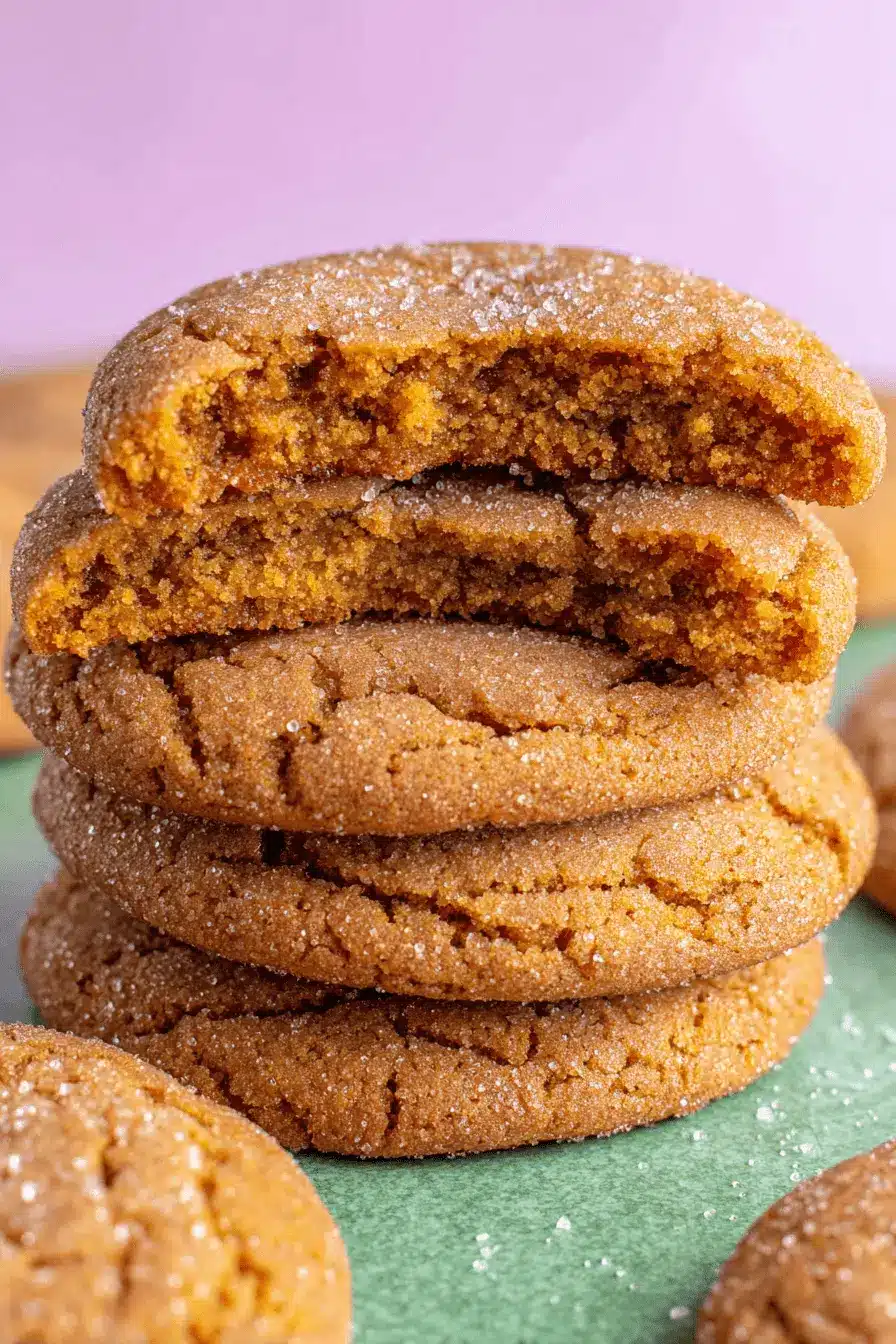 The Ultimate Sourdough Ginger Molasses Cookies 2 Stack of five glistening Sourdough Ginger Molasses Cookies, broken open to reveal the soft, chewy crumb and sugary coating.