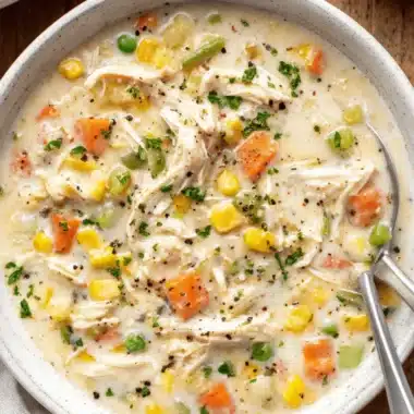 The Ultimate Chicken Pot Pie Soup Recipe 3 Overhead view of a creamy, richly garnished bowl of homemade Chicken Pot Pie Soup filled with shredded chicken and mixed vegetables on a rustic wood table.