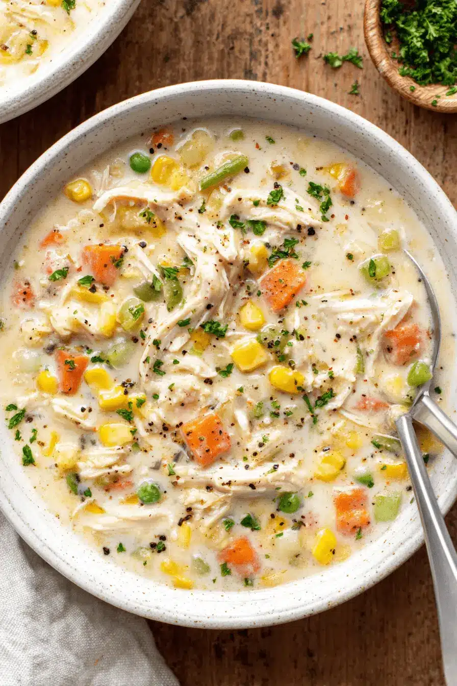 The Ultimate Chicken Pot Pie Soup Recipe 2 Overhead view of a creamy, richly garnished bowl of homemade Chicken Pot Pie Soup filled with shredded chicken and mixed vegetables on a rustic wood table.