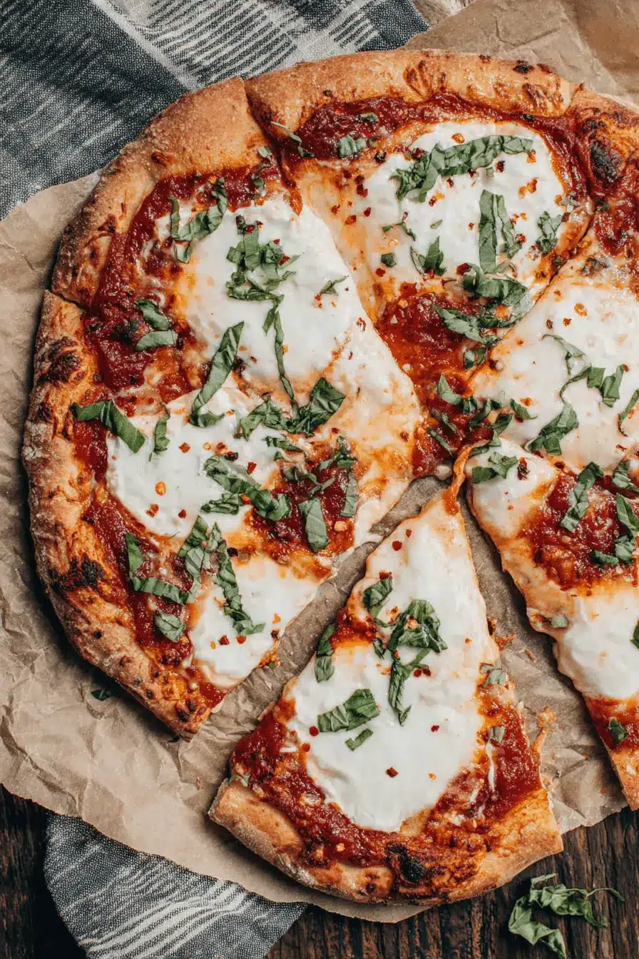 Amazing Sourdough Pizza Crust Recipe: Master Any Method 2 Sliced Margherita pizza showcasing a perfect, charred crust, the delicious result of following the Sourdough Pizza Crust Recipe.