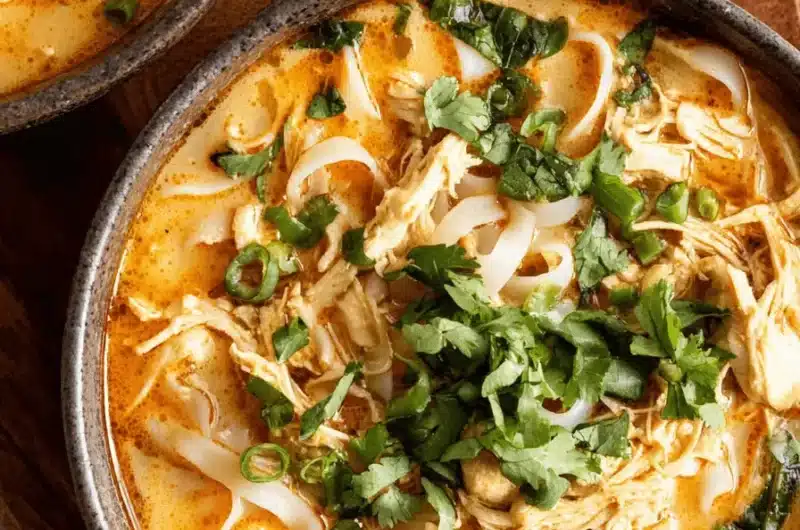 Rich, creamy Thai Chicken Soup with shredded chicken, wide rice noodles, cilantro, and lime wedges on a rustic wooden board.