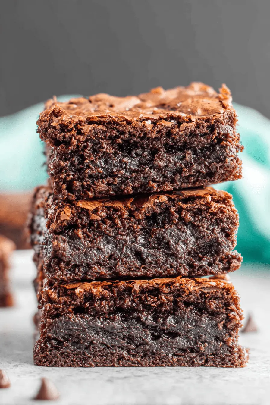 Amazing Sourdough Brownies with Crackly Tops 2 Close-up stack of three fudgy Sourdough Brownies with a crackled top and a sprinkle of sea salt.
