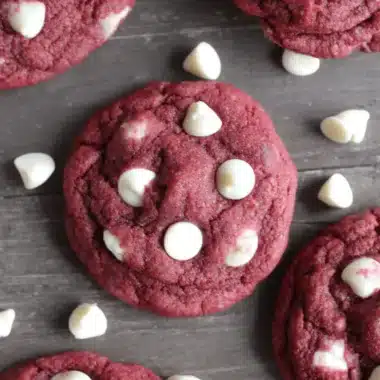 Ultimate Sourdough Red Velvet Cookies 4 Top-down view of homemade Sourdough Red Velvet Cookies with white chocolate chips scattered on a rustic wooden surface.
