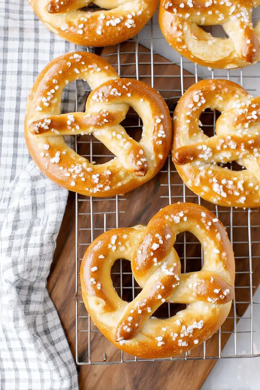 Irresistibly Soft Sourdough Pretzels Recipe 2 Four glossy, golden-brown Soft Sourdough Pretzels sprinkled with coarse salt on a cooling rack.