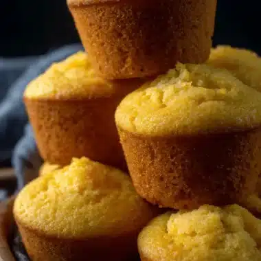 Magic Sourdough Discard Cornbread Muffins 4 Rustic stack of golden-brown Sourdough Discard Cornbread Muffins piled in a wooden bowl.