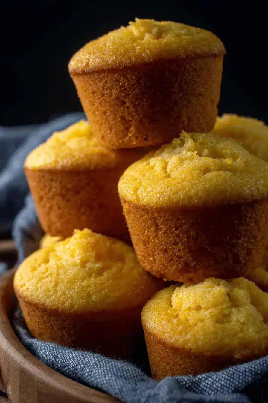Magic Sourdough Discard Cornbread Muffins 2 Rustic stack of golden-brown Sourdough Discard Cornbread Muffins piled in a wooden bowl.