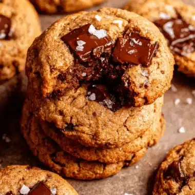 Magic Banana Bread Cookies: Soft & Chewy 3 Stack of golden brown chocolate chunk banana bread cookies with sea salt flakes.