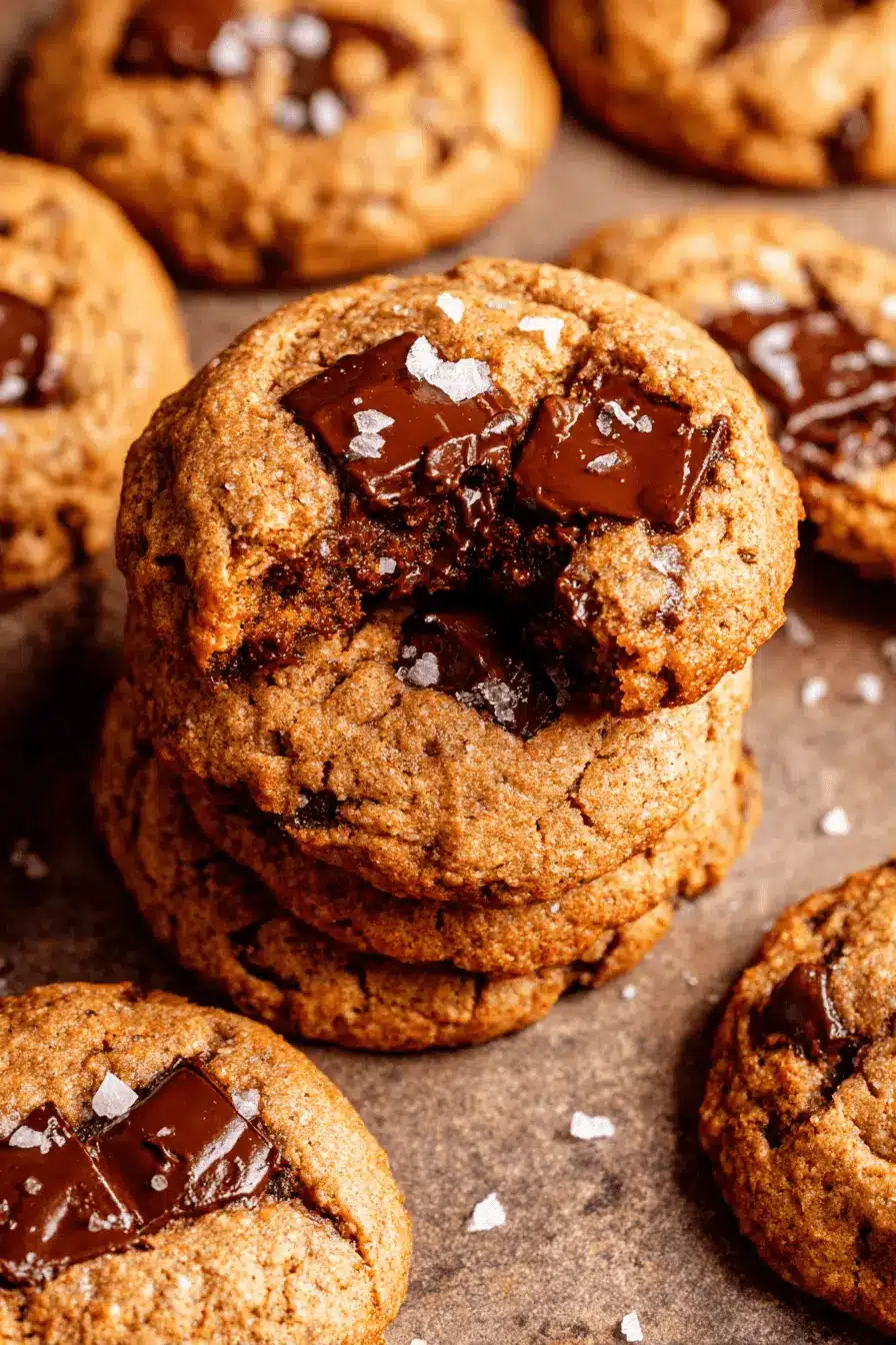 Magic Banana Bread Cookies: Soft & Chewy 2 Stack of golden brown chocolate chunk banana bread cookies with sea salt flakes.